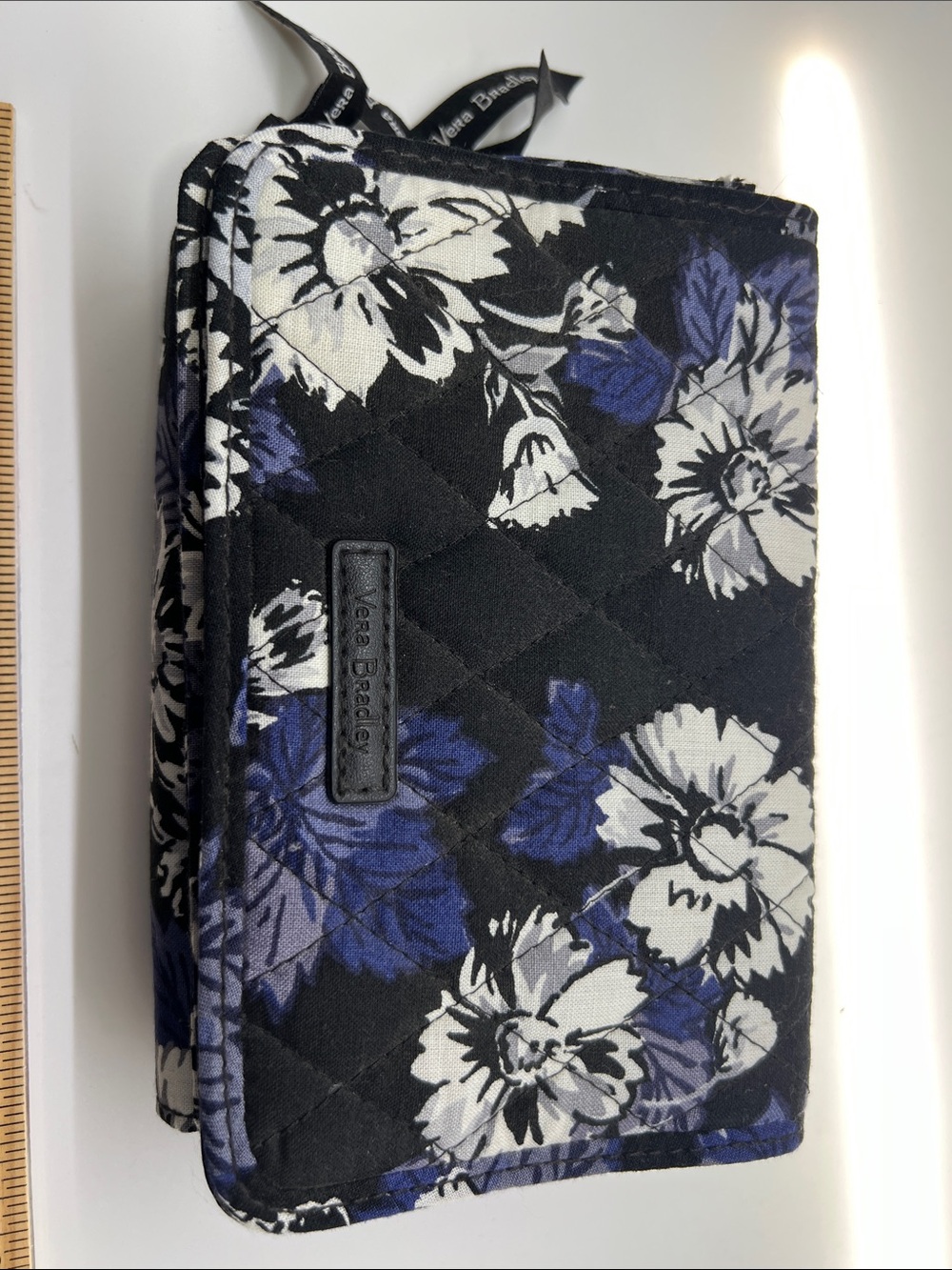 Vera Bradley Quilted Floral Wristlet - Black, White & Blue